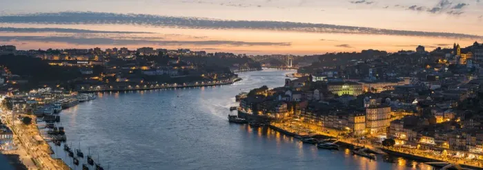 Framed Print : Portugal, Norte region, Porto (Oporto). Douro river banks at dusk with Arrabida bridge