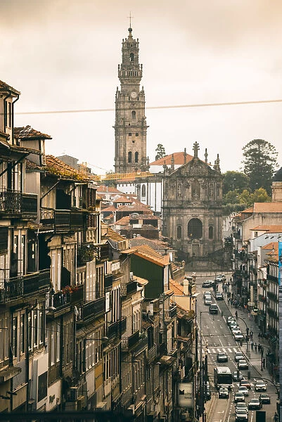 Portugal, Norte region, Porto (Oporto). City street and Clerigos church with the famous