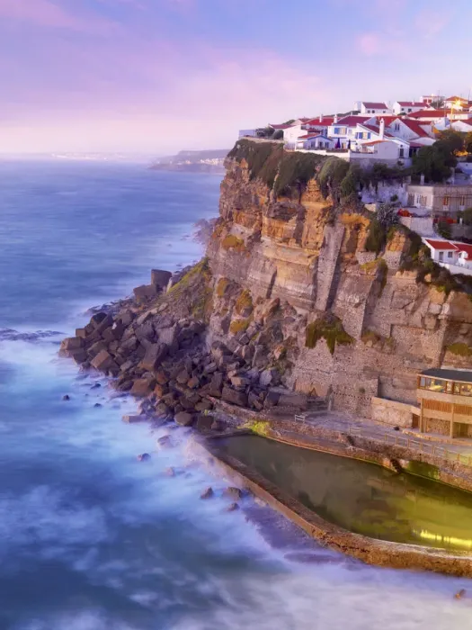 Framed Print : Portugal, Sintra, Azehas do Mar, Overview of town at dusk