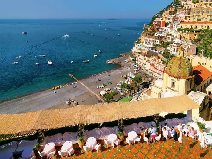 Framed Print : Positano, view to Beach and the Church Santa Maria Assunta Amalfi Coast, Campania, Italy