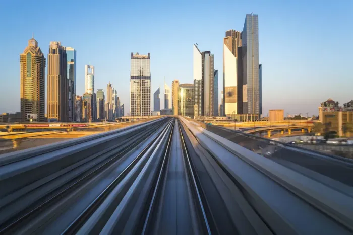 Framed Print : POV on the modern driverless Dubai elevated Rail Metro System, running alongside Framed Print : POV on the modern driverless Dubai elevated Rail Metro System, running alongside