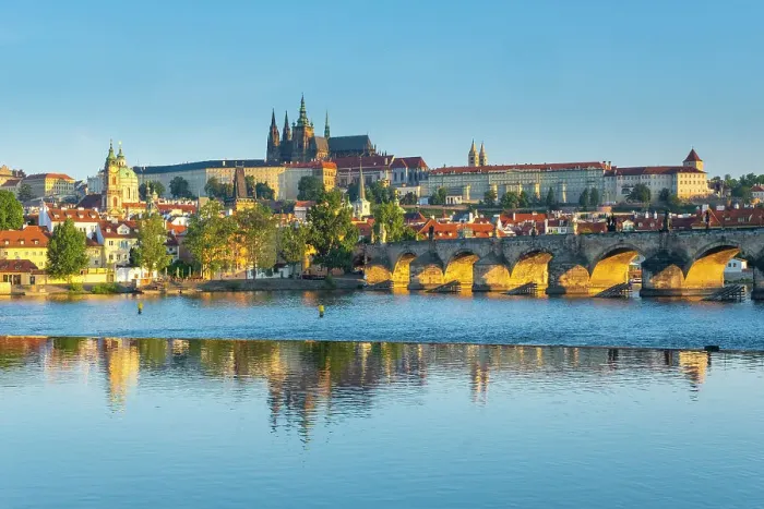 Framed Print : Prague Castle, St. Vitus Cathedral, Vltava river & Charles Bridge, Prague, Czech Republic
