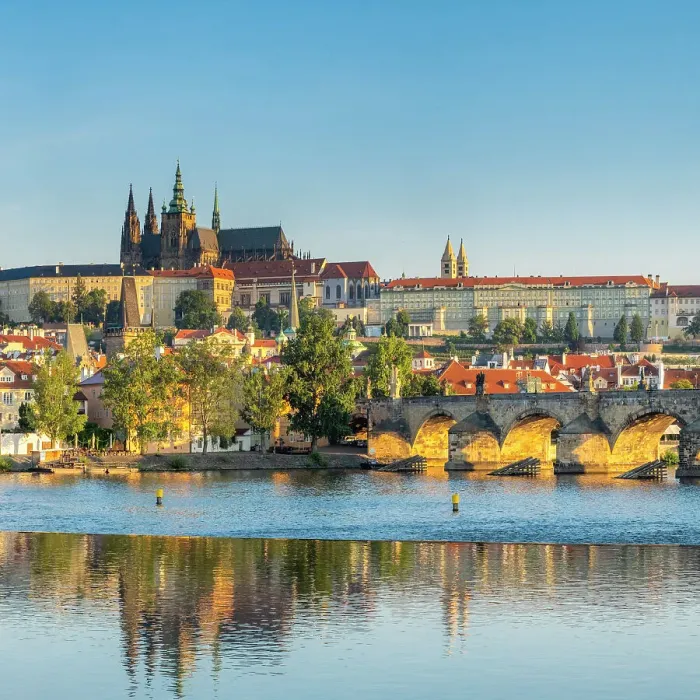 Framed Print : Prague Castle, St. Vitus Cathedral, Vltava river & Charles Bridge, Prague, Czech Republic