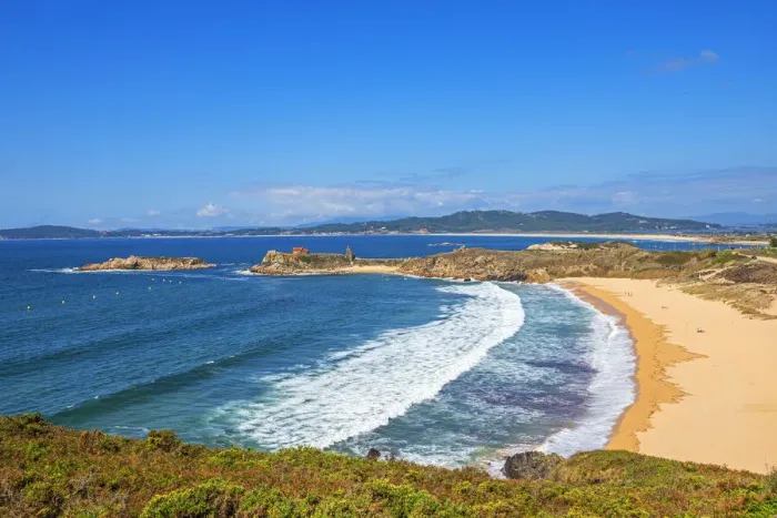 Framed Print : Praia A Lanzada with Ermida de Nosa Senora da Lanzada and Castro do Lanzada, Sanxenxo, Pontevedra, Galicia, Spain