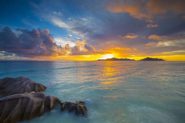Praslin island from Anse Source d Argent beach, La Digue, Seychelles