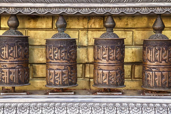 Prayer wheels at Swayambhunath Stupa (UNESCO World Heritage Site), Kathmandu, Nepal