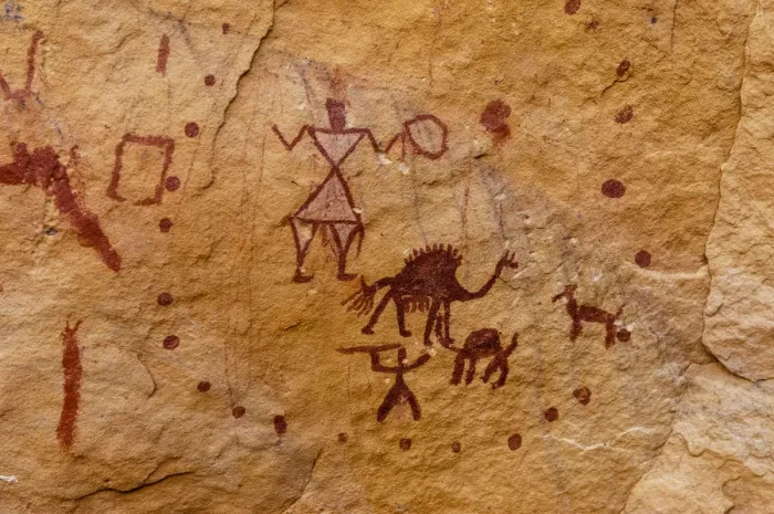 Framed Print : Prehistoric rock paintings, Wadi Teshuinat, Akakus, Sahara desert, Fezzan, Libya
