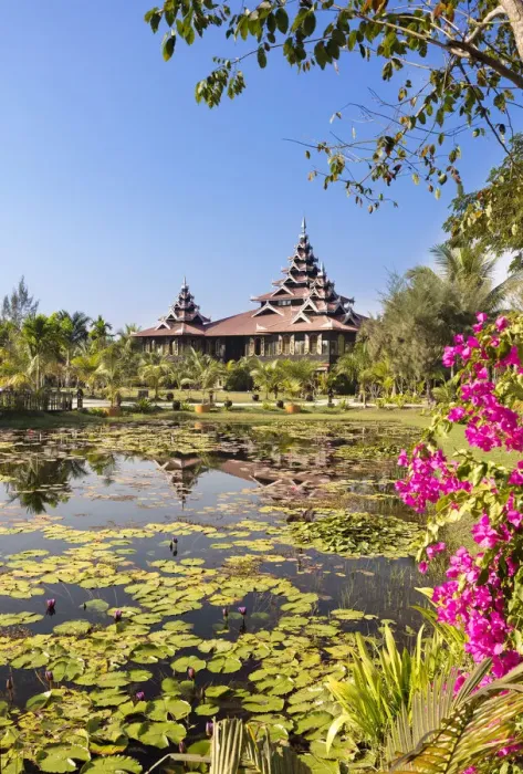 Framed Print : Princess Resort & lake with water lillies, Mrauk U, Burma, Myanmar Framed Print : Princess Resort & lake with water lillies, Mrauk U, Burma, Myanmar