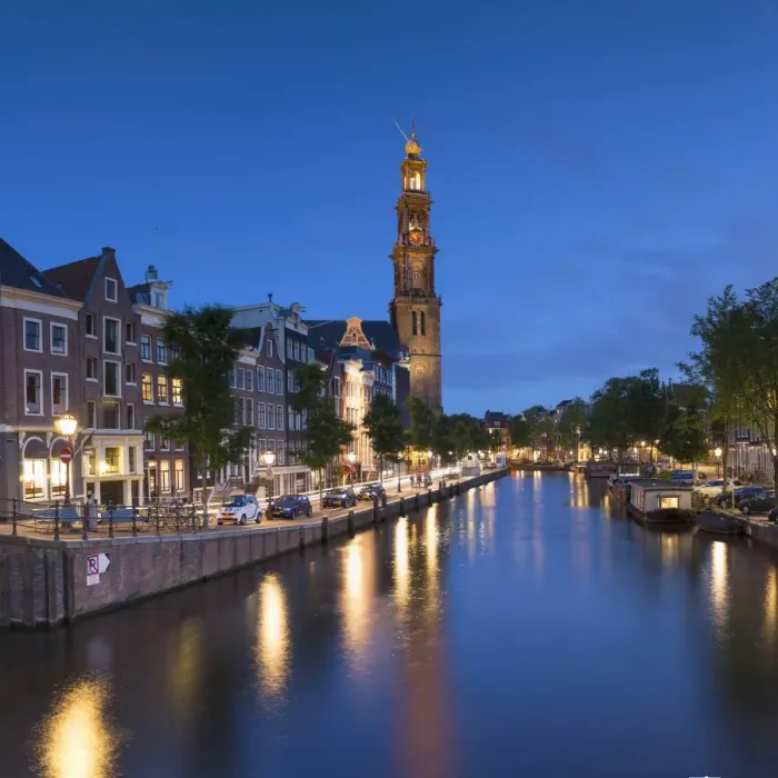 Framed Print : Prinsengracht canal and Westerkerk at dusk, Amsterdam, Netherlands Framed Print : Prinsengracht canal and Westerkerk at dusk, Amsterdam, Netherlands