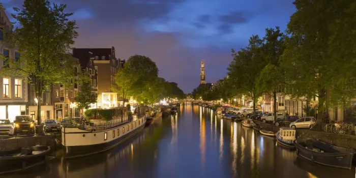 Framed Print : Prinsengracht canal and Westerkerk at dusk, Amsterdam, Netherlands Framed Print : Prinsengracht canal and Westerkerk at dusk, Amsterdam, Netherlands
