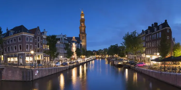 Framed Print : Prinsengracht canal and Westerkerk at dusk, Amsterdam, Netherlands Framed Print : Prinsengracht canal and Westerkerk at dusk, Amsterdam, Netherlands