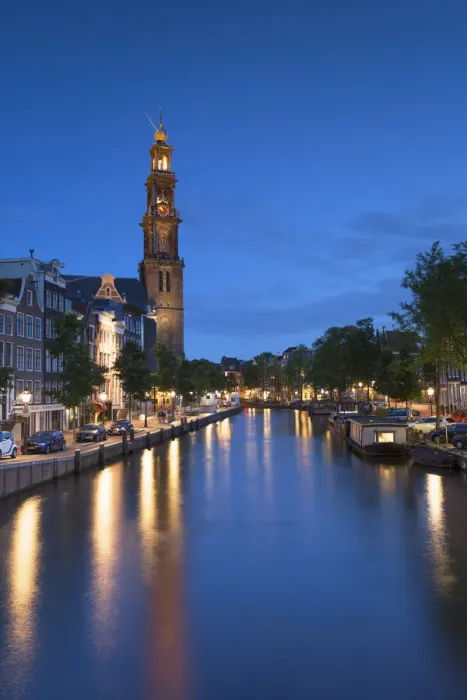 Framed Print : Prinsengracht canal and Westerkerk at dusk, Amsterdam, Netherlands Framed Print : Prinsengracht canal and Westerkerk at dusk, Amsterdam, Netherlands