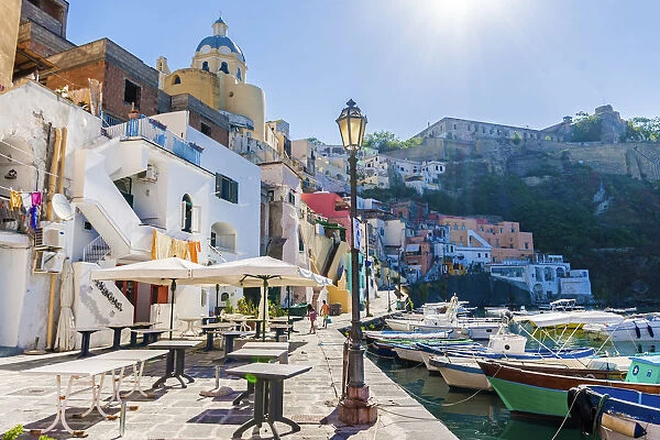 Procida island, Naples, Italy. The colorful harbour of La Corricella