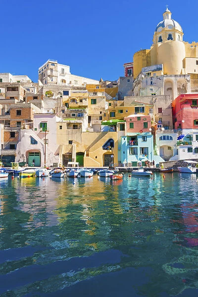 procida island, Naples, Italy. The colorful harbour of La Corricella, view from the boat