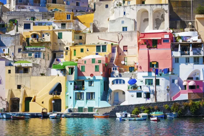 Framed Print : Procida island, Naples, Italy. The colorful harbour of La Corricella, view from the boat Framed Print : Procida island, Naples, Italy. The colorful harbour of La Corricella, view from the boat