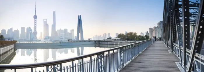 Framed Print : Pudong skyline across the Suzhou Creek and Waibaidu bridge, Shanghai, China