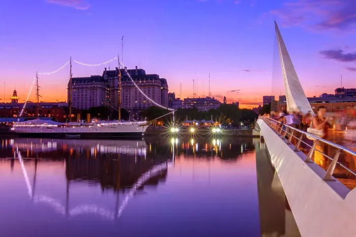 Framed Print : The Puente de la Mujer bridge and Sarmiento frigate illuminated at twilight, Puerto Madero, Buenos Aires, Argentina