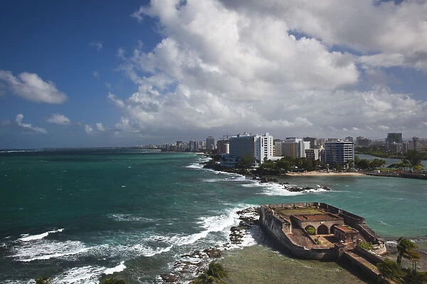 Puerto Rico, San Juan, elevated view of Condado hotels and Fuerte San Geronimo fort