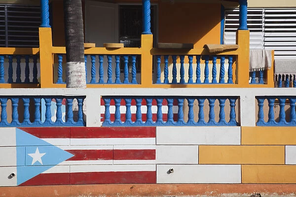 Puerto Rico, South Coast, Guanica, house with Puerto Rican flag mural