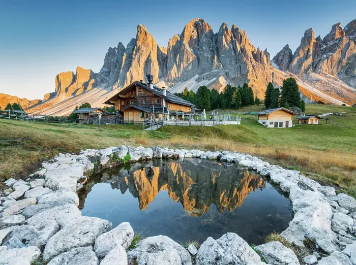 Framed Print : Puez Odle Range Reflecting in Pool, Val di Funes, South Tyrol, Dolomites, Italy Framed Print : Puez Odle Range Reflecting in Pool, Val di Funes, South Tyrol, Dolomites, Italy
