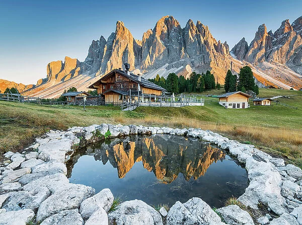 Puez Odle Range Reflecting in Pool, Val di Funes, South Tyrol, Dolomites, Italy