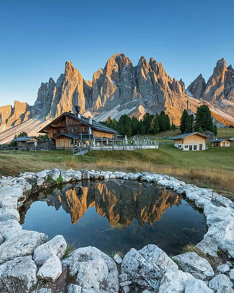 Puez Odle Range Reflecting in Pool, Val di Funes, South Tyrol, Dolomites, Italy