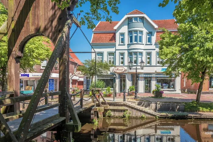Framed Print : Pull bridge over the main canal in the old town of Papenburg, Emsland, Lower Saxony, Germany