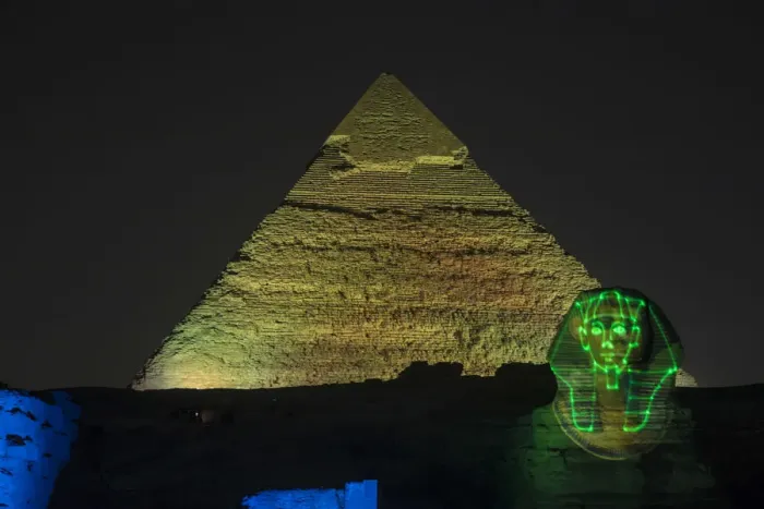Framed Print : Pyramid of Khafre (Chephren) and the Sphinx at night, Giza, Cairo, Egypt Framed Print : Pyramid of Khafre (Chephren) and the Sphinx at night, Giza, Cairo, Egypt