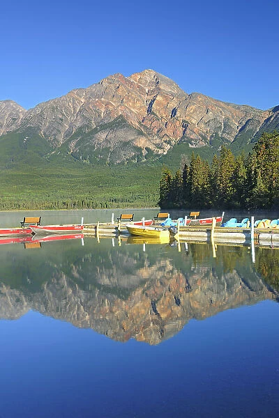 Pyramid Mountain and boats on Pyramid Lake, Jasper National Park, Alberta, Canada