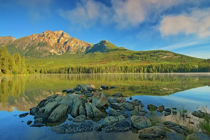 Framed Print : Pyramid Mountain and fog rising off Pyramid Lake, Jasper National Park, Alberta, Canada Framed Print : Pyramid Mountain and fog rising off Pyramid Lake, Jasper National Park, Alberta, Canada