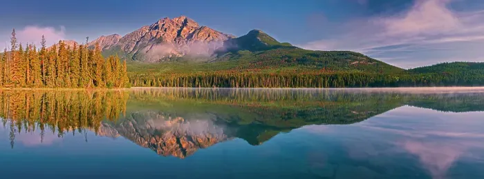 Framed Print : Pyramid Mountain reflected in Pyramid Lake with morning fog Jasper National Park, Alberta, Canada Framed Print : Pyramid Mountain reflected in Pyramid Lake with morning fog Jasper National Park, Alberta, Canada