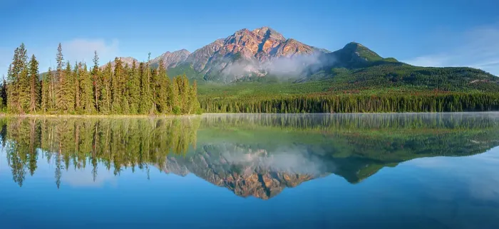 Framed Print : Pyramid Mountain reflected in Pyramid Lake with morning fog Jasper National Park, Alberta, Canada Framed Print : Pyramid Mountain reflected in Pyramid Lake with morning fog Jasper National Park, Alberta, Canada