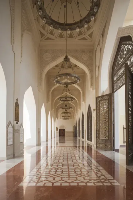 Framed Print : Qatar, Doha, Abdul Wahhab Mosque, The State Mosque of Qatar, courtyard walkway