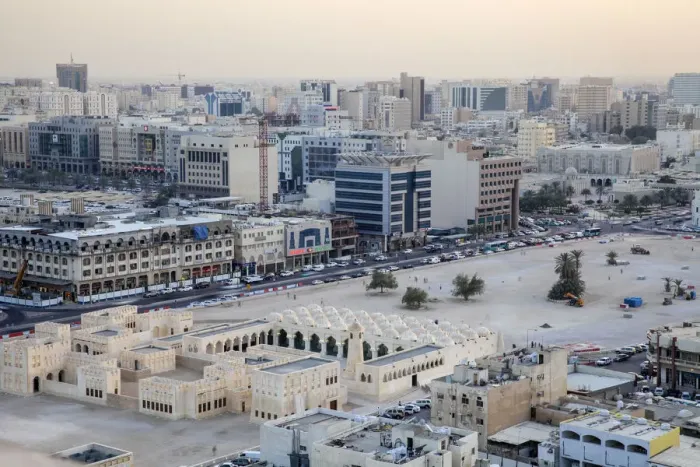 Framed Print : Qatar, Doha, Aerial view of Souqs and mosque Framed Print : Qatar, Doha, Aerial view of Souqs and mosque