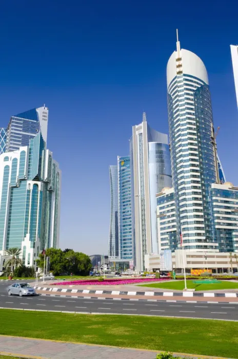 Framed Print : Qatar, Doha, Corniche, modern buildings beside Sheraton Roundabout Framed Print : Qatar, Doha, Corniche, modern buildings beside Sheraton Roundabout