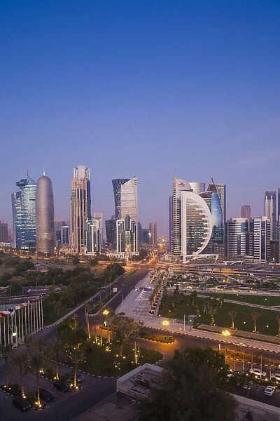 Qatar, Doha, Doha Bay, West Bay Skyscrapers, elevated view, dawn