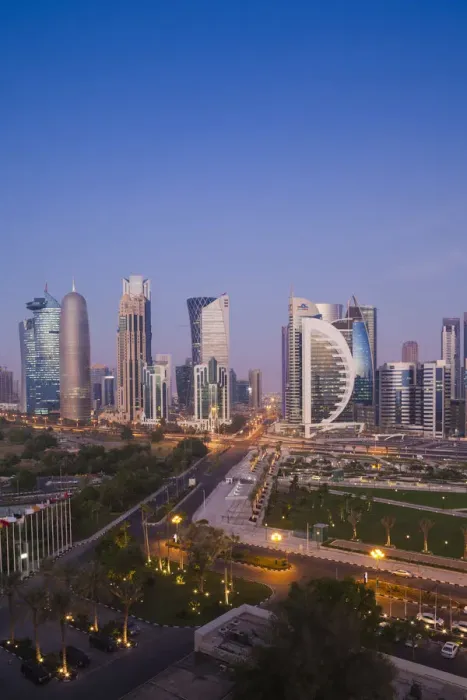 Framed Print : Qatar, Doha, Doha Bay, West Bay Skyscrapers, elevated view, dawn Framed Print : Qatar, Doha, Doha Bay, West Bay Skyscrapers, elevated view, dawn