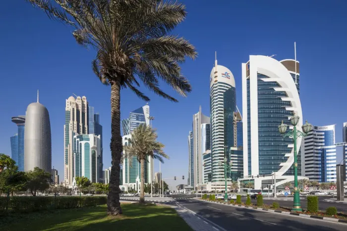 Framed Print : Qatar, Doha, Doha Bay, West Bay Skyscrapers, morning