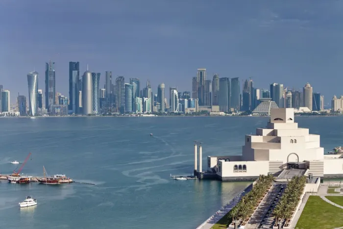 Framed Print : Qatar, Doha, Elevated view over the Museum of Islamic Art and the Dhow harbour to
