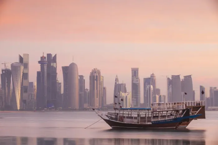Framed Print : Qatar, Doha, looking across Doha Bay to skyscrapers of West Bay Framed Print : Qatar, Doha, looking across Doha Bay to skyscrapers of West Bay
