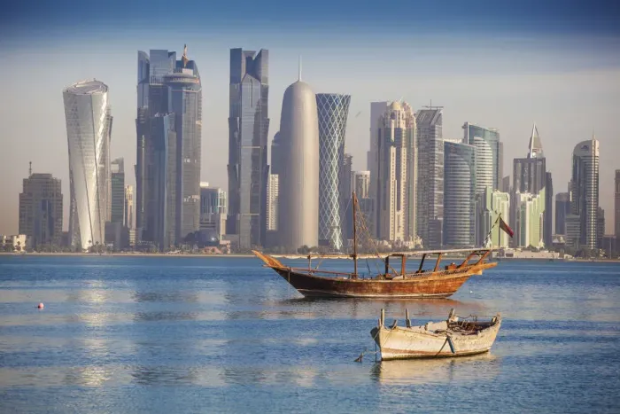 Framed Print : Qatar, Doha, looking across Doha Bay to skyscrapers of West Bay Framed Print : Qatar, Doha, looking across Doha Bay to skyscrapers of West Bay