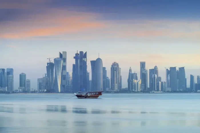 Framed Print : Qatar, Doha, looking across Doha Bay to skyscrapers of West Bay Framed Print : Qatar, Doha, looking across Doha Bay to skyscrapers of West Bay