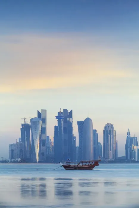 Framed Print : Qatar, Doha, looking across Doha Bay to skyscrapers of West Bay Framed Print : Qatar, Doha, looking across Doha Bay to skyscrapers of West Bay