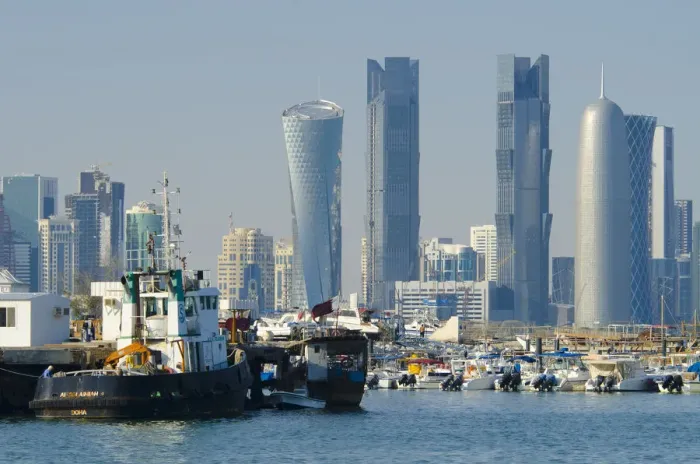 Framed Print : Qatar, Doha, Modern Skyline from Dhow Harbour Framed Print : Qatar, Doha, Modern Skyline from Dhow Harbour