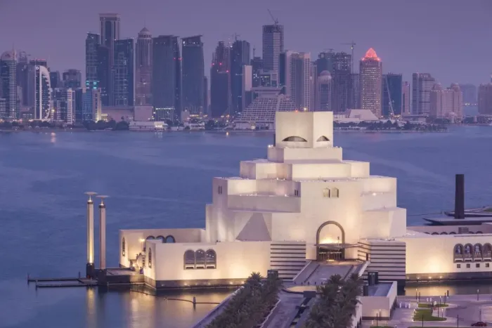 Framed Print : Qatar, Doha, The Museum of Islamic Art, designed by I. M. Pei, elevated view, dawn Framed Print : Qatar, Doha, The Museum of Islamic Art, designed by I. M. Pei, elevated view, dawn