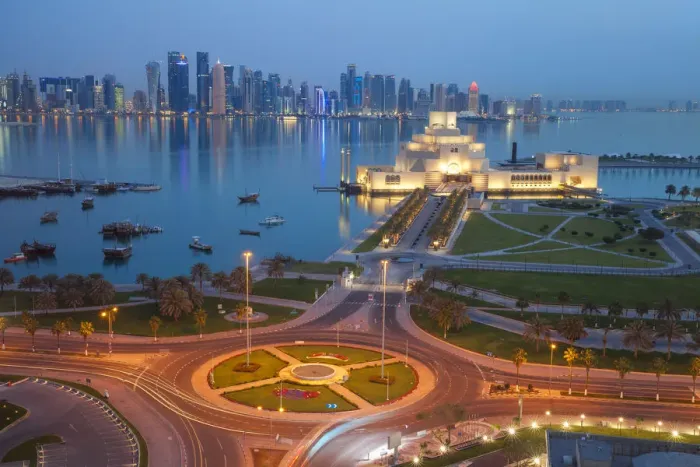 Framed Print : Qatar, Doha, Traffic at roundabout infont of the Museum of Islamic Art at night Framed Print : Qatar, Doha, Traffic at roundabout infont of the Museum of Islamic Art at night