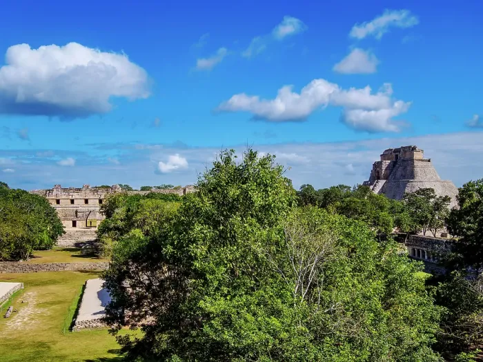 Framed Print : Quadrangle of the Nuns and Pyramid of the Fortune-teller or Pyramid of the Magician, elevated view, Uxmal, Yucatan State, Mexico