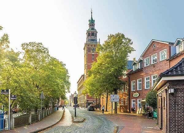 Quay street with town hall, Leer, East Frisia, Lower Saxony, Germany