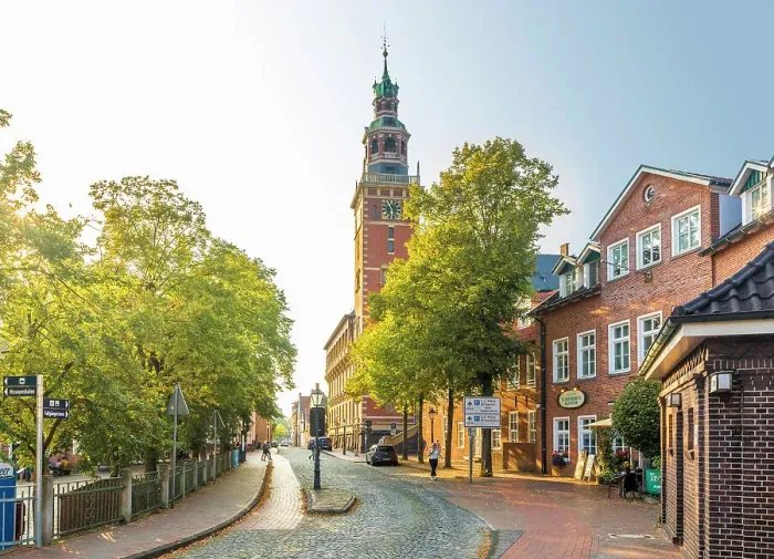 Framed Print : Quay street with town hall, Leer, East Frisia, Lower Saxony, Germany