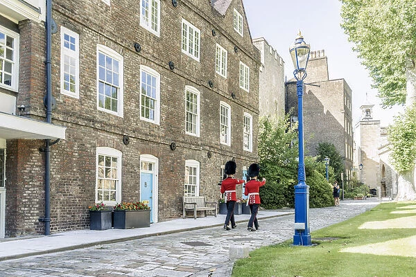 Queens Guards marching at the Tower of London, UNESCO World Heritage site, London